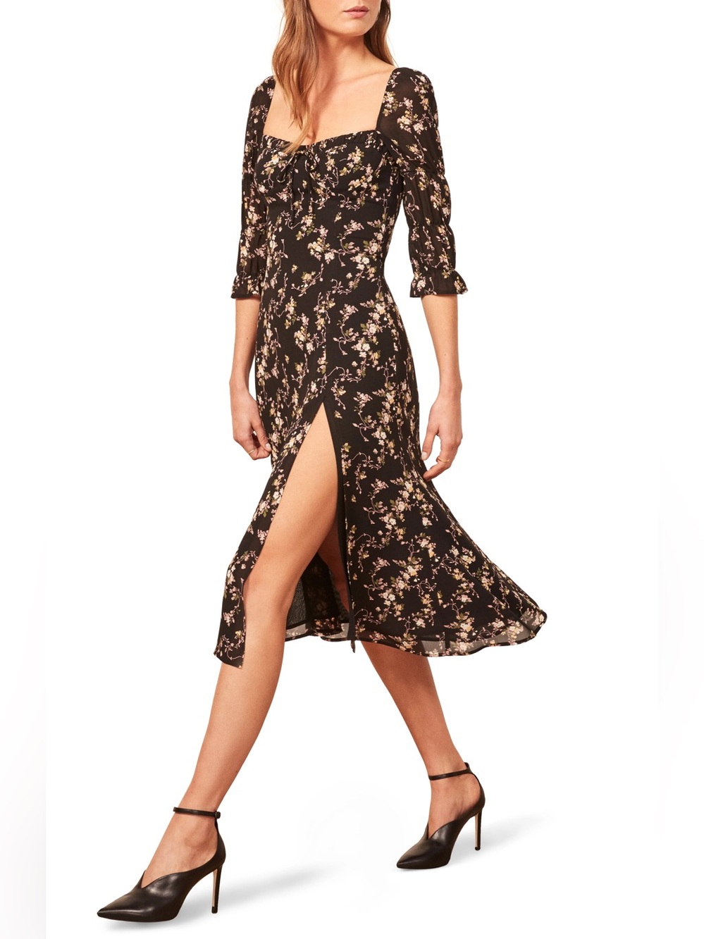 Reformation Clarissa Floral Midi Dress Black Slit Crepe Size 6 Medium